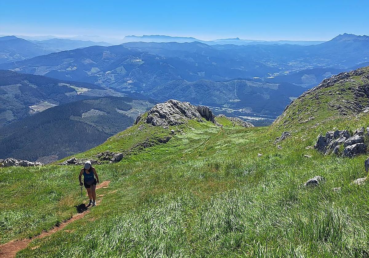 El verde de la hierba contrasta con el azul del cielo y el gris de las cima de Udalatx