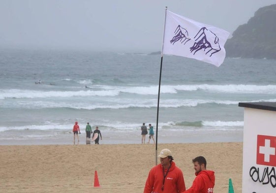 Una bandera que indica la presencia de 'carabela portuguesa' en la playa donostiarra de la Zurriola.