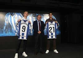 El presidente de la Real Sociedad Jokin Aperribay, durante la rueda de prensa de presentación de Orri Óskarsson y Nayef Aguerd.