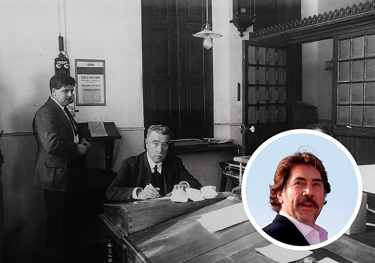 En su fábrica. Carlos Doussinague, en el centro, escribiendo. De pie, su hijo Pedro. Es el 26 de febrero de 1920.