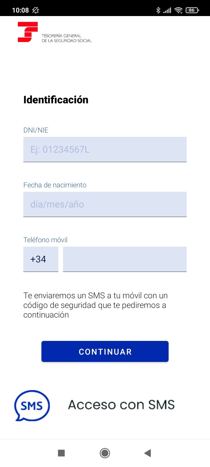 Pantalla de inicio en la que el visitante debe identificarse para poder entrar en la app.