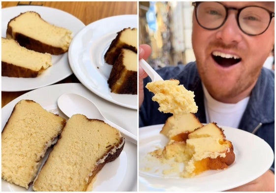 El influencer gastronómico Tod Inskip prueba la tarta de queso de La Viña en San Sebastián.