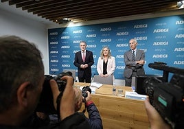 La presidenta de Adegi, Isabel Busto, junto a José Miguel Ayerza (director general) y Patxi Sasigain (responsable de competitividad), en la presentación de esta mañana de la encuesta de coyuntura.