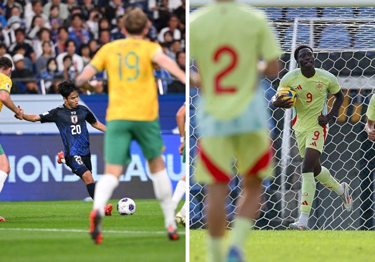Kubo dispara rodeado de rivales ante Rumanía y Osazuwa recoge el balón tras su gol a Portugal