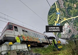 El tren descarrilado esta mañana en una zona de huertas entre Astigarraga y Martutene