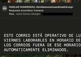 Mensaje automático que se recibe al contactar con el servicio de Familias Numerosas de la Comunidad de Madrid fue del horario laboral.