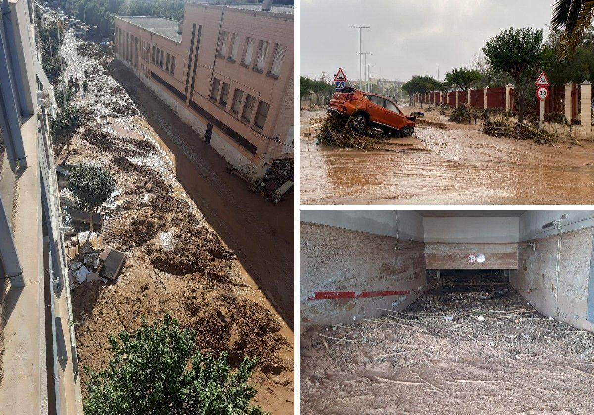 Imágenes de la calle en la que vive Almudena y de su garaje inundado.