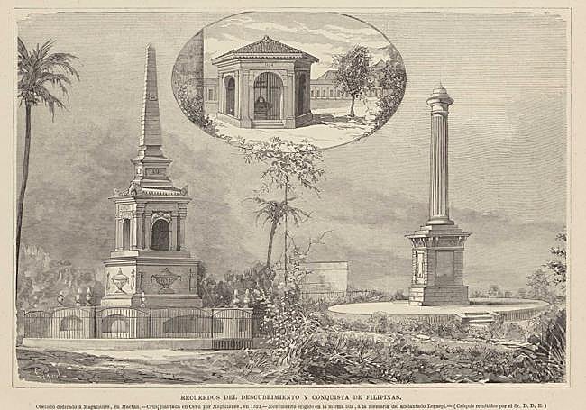 Obelisco de Magallanes de Mactán (izquierda), Capilla con la cruz de Magallanes de Cebú (ariba) y Monumento de Legazpi de Cebú (derecha).