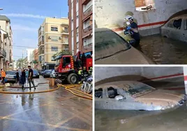 Los bomberos de Donostia revisan los coches dentro de un garaje en Alfafar.