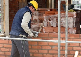 Un albañil coloca ladrillos para levantar un tabique.