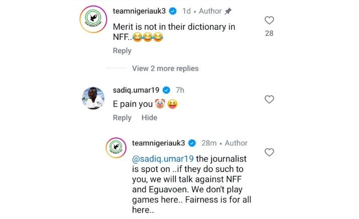 El mensaje de respuesta de Sadiq Umar en Instagram