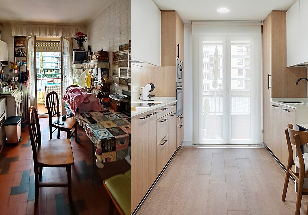 Antes (izquierda) y después (derecha) de un proyecto de reforma de cocina realizado por el equipo de Arkami Arkitektoak.
