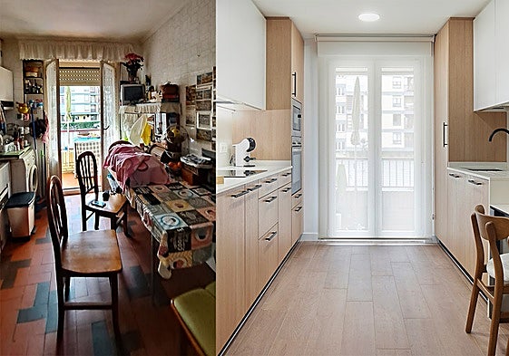 Antes (izquierda) y después (derecha) de un proyecto de reforma de cocina realizado por el equipo de Arkami Arkitektoak.