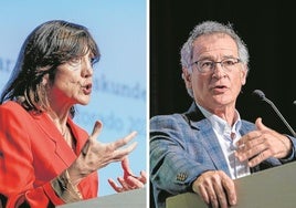 Eva Ferreira y Joxerramon Bengoetxea debatieron en el Aula Magna del campus de Leioa.