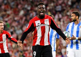 Iñaki Williams celebra uno de sus siete goles ante la Real en 2019 en San Mamés.