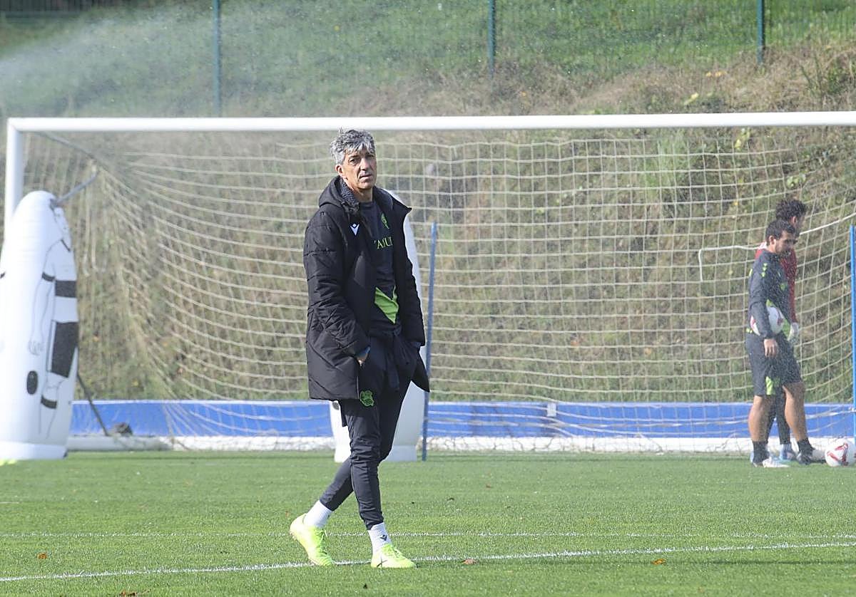 Imanol Alguacil, en el entrenamiento de este sábado, previo el derbi en Bilbao