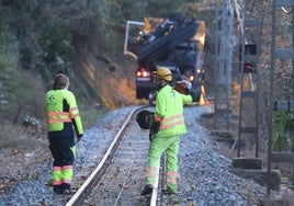 Técnicos tratando de llegar al tren parado en Usurbil para solucionar la avería provocada por la caída de un árbol.