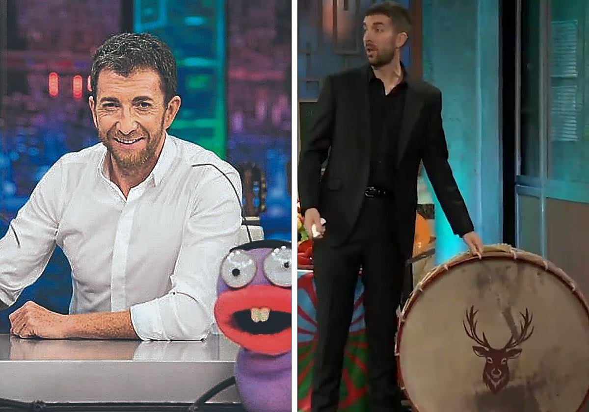 Pablo Motos y, a la derecha, David Broncano con el ciervo en el bombo.