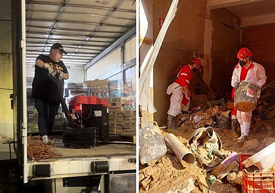 El irundarra José Luis Alonso, descargando su camión con todas las donaciones que llevó en uno de sus viajes y Henar Gutiérrez junto al resto de voluntarios de Cruz Roja recogiendo escombros en Valencia.