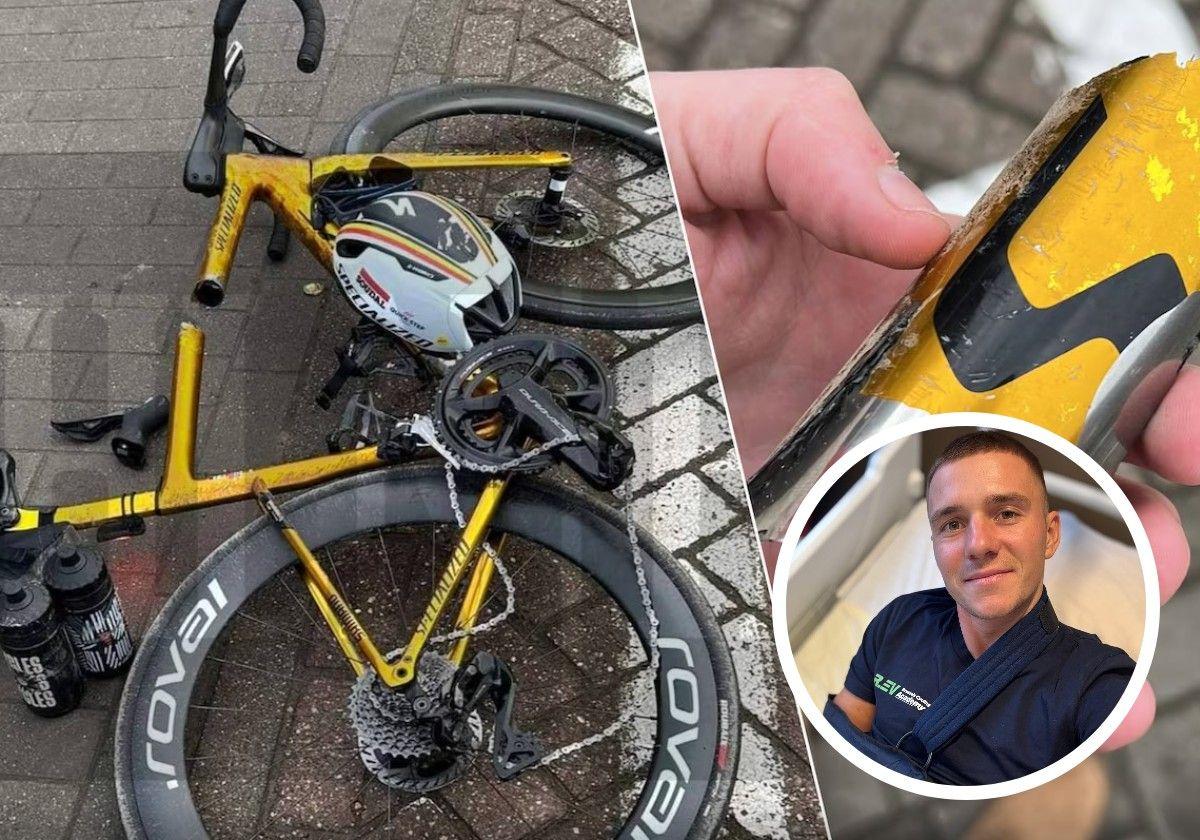 El estado en el que quedó la bicicleta de Remco Evenepoel después del accidente.