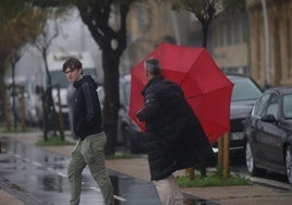 Lluvia y viento en una calle de San Sebastián este viernes por la mañana.