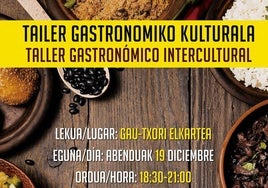 Cartel anunciador del taller gastronómico intercultural que se celebrará en Deba el día 19.