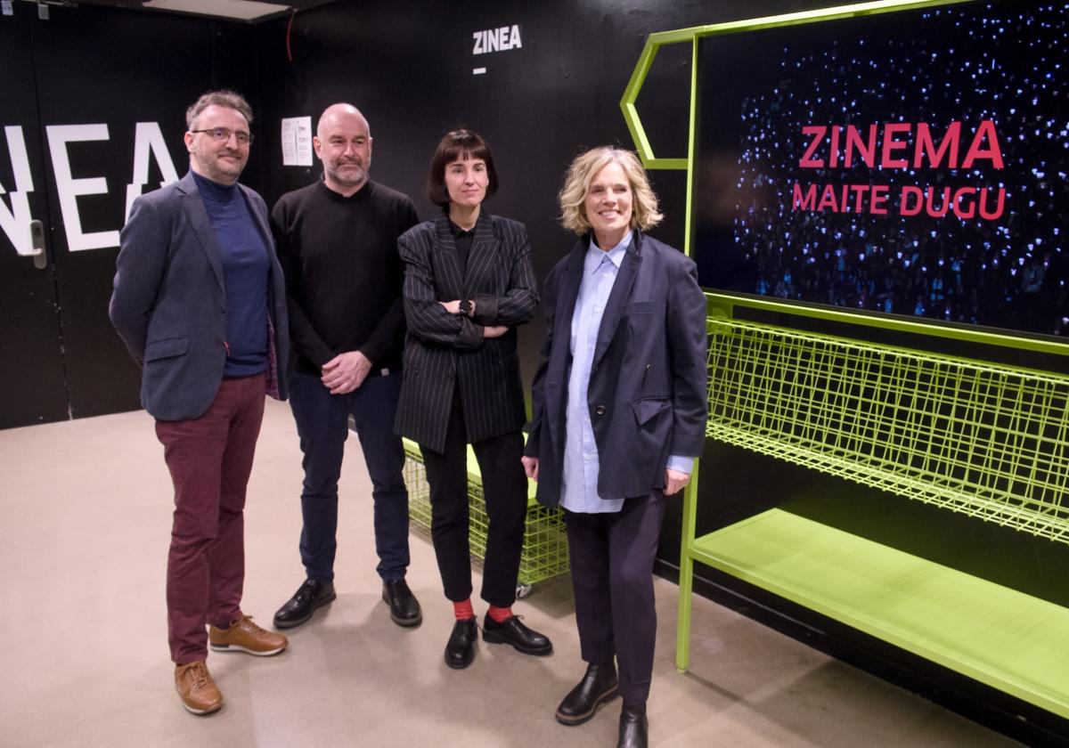 Josemi Beltrán, Joxean Fernández, Maialen Beloki y Edurne Ormazabal, este martes, en Tabakalera, durante la presentación del programa de cine de 2025.