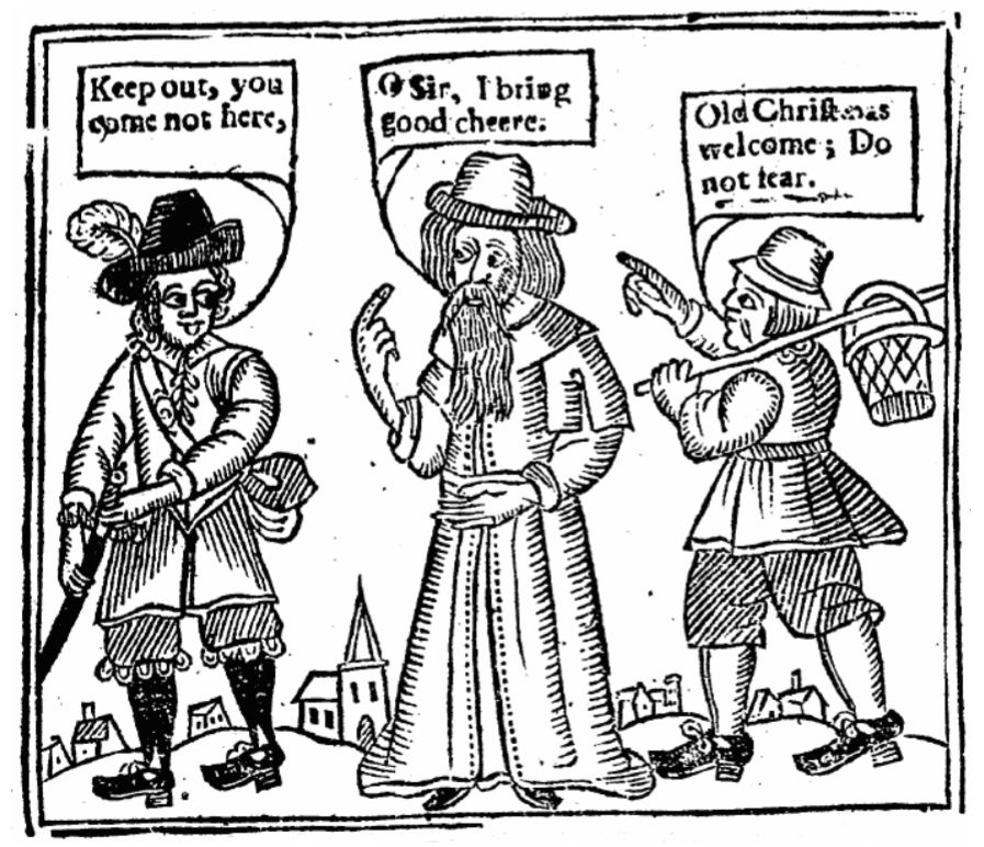 Un soldado parlamentario trata de expulsar al Viejo Navidad de la ciudad. Frontispicio de la obra de John Taylor 'The Vindication of Christmas' (1652).