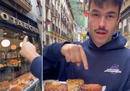 El influencer Peldanyos probando los pasteles en la Parte Vieja de San Sebastián.