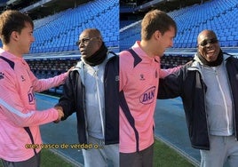 Fragmento del video del recibimiento de N'kono a Urko en el RCDE Stadium.