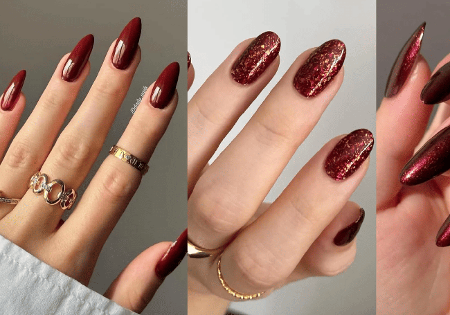 Uñas burdeos, más estilosas con brillo