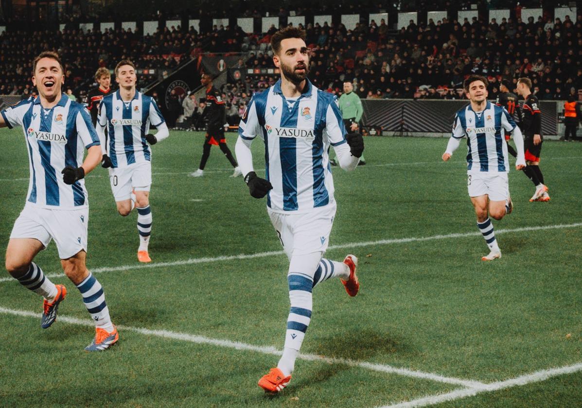 Brais celebra el 1-0 ante el Midtjylland.