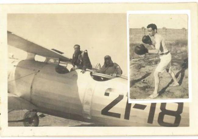 Félix Urtubi en uno de los aviones que pilotó y practicando el boxeo.