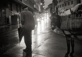 Pedro, de 'Andikao', con su burro Perico camino de la plaza del mercado.