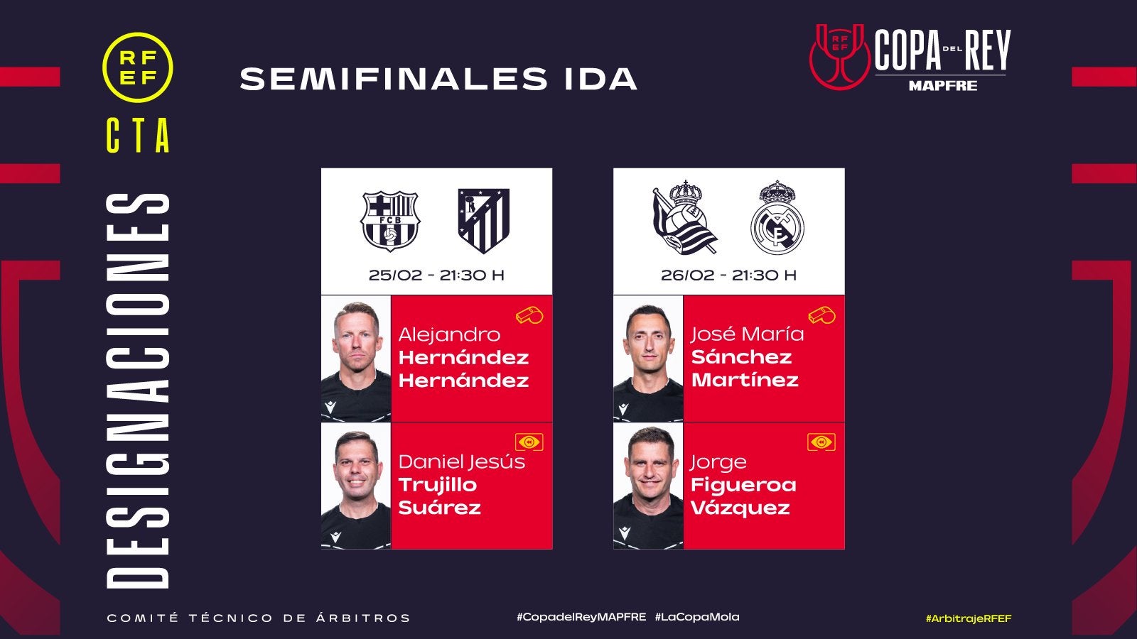 Designaciones arbitrales para los partidos de semifinales de Copa