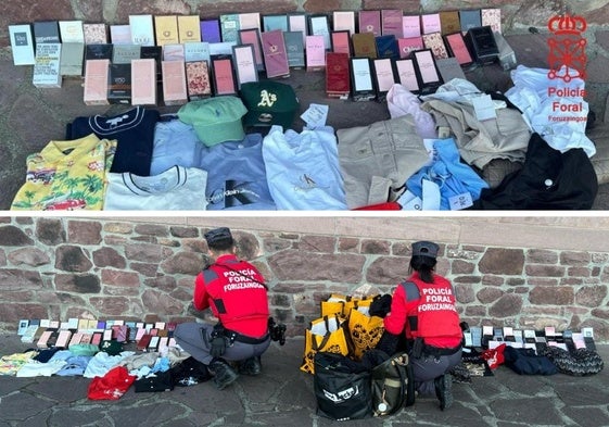 Agentes de la Policía Foral de Navarra con los productos robados incautados.