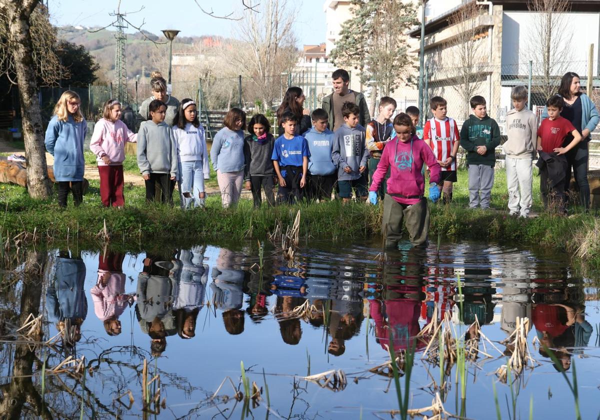 Una alumna de Orokieta Herri Eskola, de Zarautz, muestra a la consejera de Educación la labor que realizan en el estanque.