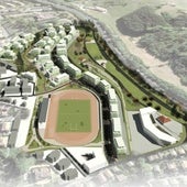Infografía del futuro desarrollo urbanístico de Txenperenea, con las pistas deportivas en primera plano.
