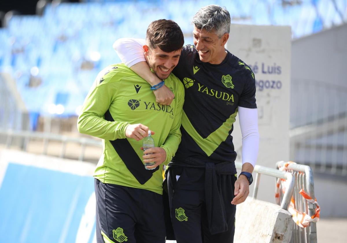 Imanol anima a Pablo Marín antes del entrenamiento