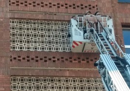 Dos bomberos trabajan en la fachada de la calle San Roke para eliminar el enjambre de abejas que se había posado en el tabique tambor.