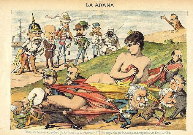 Caricatura en la que Bismarck y otros líderes de la época ven cómo España se desgarra en luchas internas en medio de la crisis de las Carolinas. Publicada en La Araña el 22 de agosto de 1885