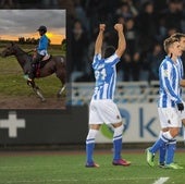 Diego Ifrán en uno de sus caballos y durante una celebración de un gol en Anoesta junto a Xabi Prieto, Griezmann, Agirretxe e Illarramendi.
