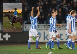 Diego Ifrán en uno de sus caballos y durante una celebración de un gol en Anoesta junto a Xabi Prieto, Griezmann, Agirretxe e Illarramendi.