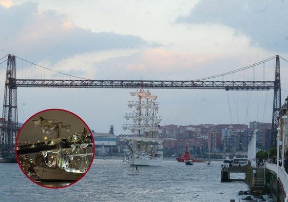 El buque escuela de la Armada de México al cruzar por el Puente Colgante en 2007; en el detalle, el navío tras chocar con el puente de Brooklyn.