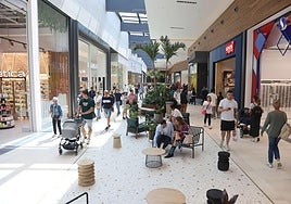 Clientes pasean por un centro comercial repleto de tiendas.