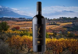 Una botella de María con los viñedos de la bodega Remírez de Ganuza de fondo.