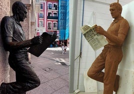 La escultura en la calle Sombrerería de Burgos y, a la derecha, en fabricación en Alfa Arte hace quince años.