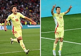 Zubimendi y Oyarzabal celebran sus goles ante Portugal.