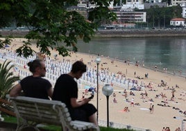 Una pareja se resguarda del calor a la sombra de un árbol en Donostia
