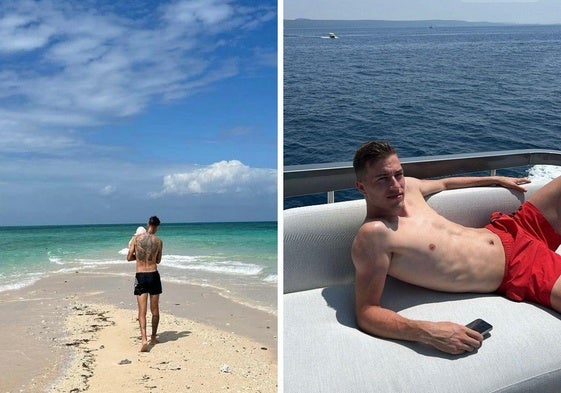 Brais Méndez con su bebé en una playa (izquierda) y Luka Sucic también disfrutando del sol.